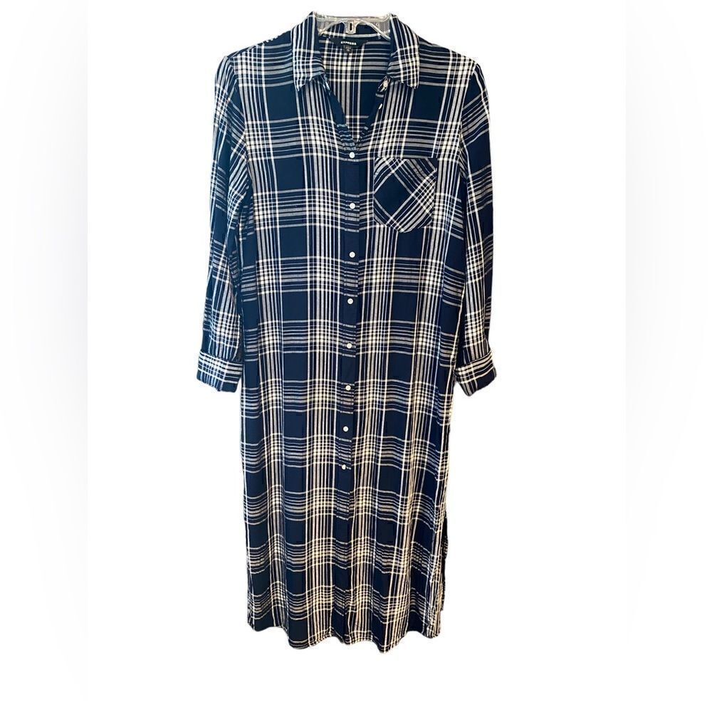 Express Sz XS Navy Blue Plaid Midi Button Down Collar Casual Shirtdress